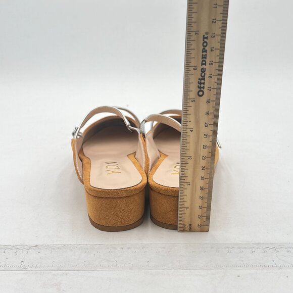 YDN Yellow Mules Suede Straps Buckle Square Toe Low Block Heels Sandals - Picture 5 of 8